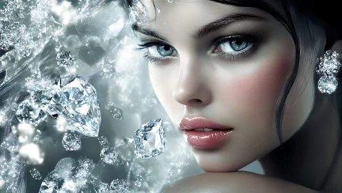 Iridescent diamond muse in hyperreal icy portraiture.