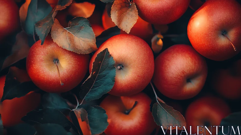 Ripe red apples clustered with dusky leaves in soft glow.
