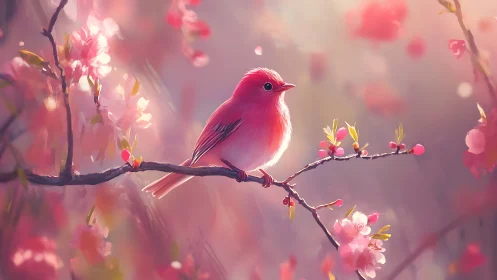 Pink Songbird on Blossoming Branch in Soft Pastel Digital Art.