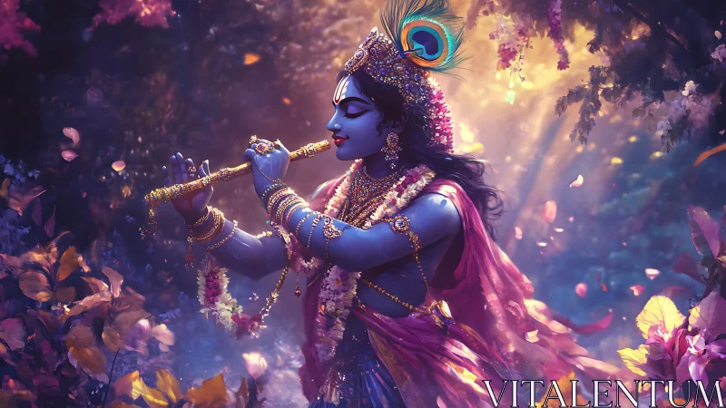 Radial backlighting sculpts blue-skinned flute player amid florals