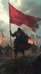 Armored banner bearer leading a storm of crimson courage.