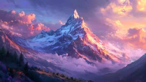 Radiant snow peak glows in surreal sunset sky above valleys.