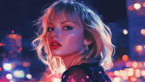 Blonde woman rendered in neon city lights at night