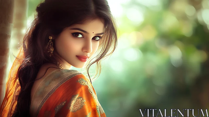 Portrait of woman in orange sari with soft bokeh background.