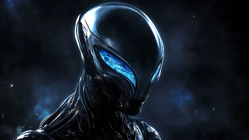 Chromed starborn sentinel with tidal blue nebula eyes.