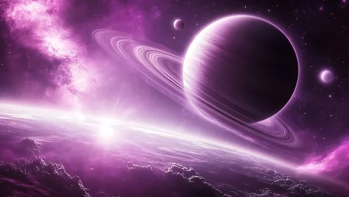 Violet gas giant with luminous rings dominates alien horizon