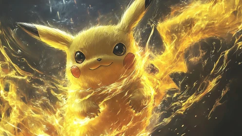 Pikachu surrounded by swirling golden fire effects.