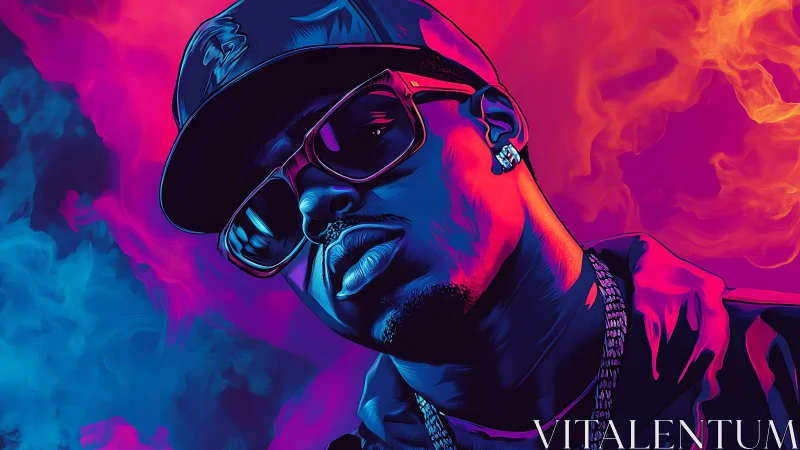 Stylized hip hop portrait in neon blue and magenta tones.