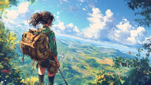 Hiker with backpack overlooks bright valley landscape.