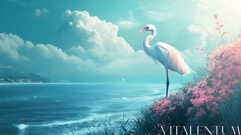 White egret overlooks turquoise sea beside pink bluff.