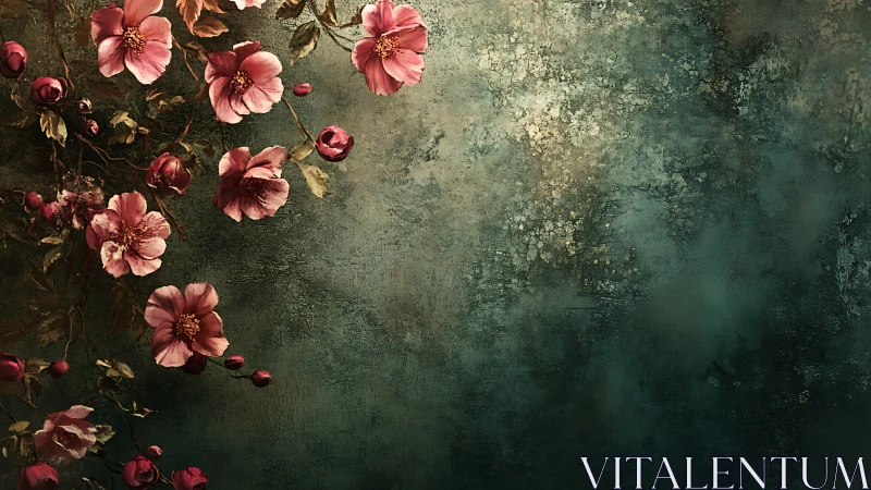 Vintage Floral Composition Against Distressed Green Surface.