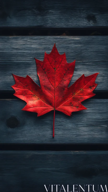 Red maple leaf lies centered on dark wooden planks surface