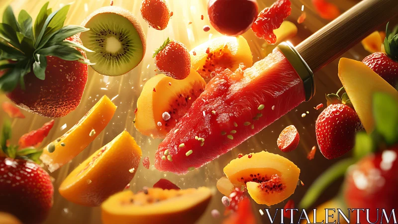 Hyperreal 3D fruit explosion with dynamic knife composition.