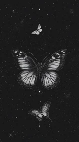 Celestial monochrome butterflies drifting through starfield.