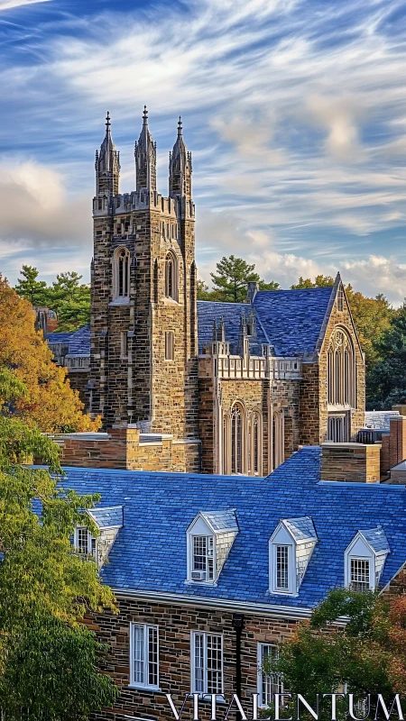 Stone collegiate tower and slate roofs under patterned sky.