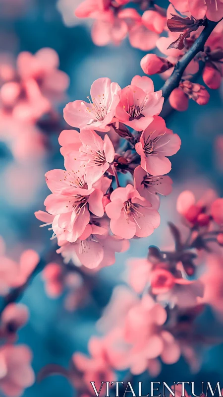 Pink Blossoms Cascade Dreamily Against Teal Twilight