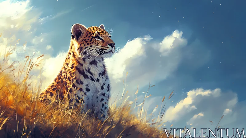 Leopard stands in golden grassland under bright blue sky