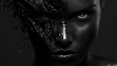 Monochrome face with partial liquid black surface detail.