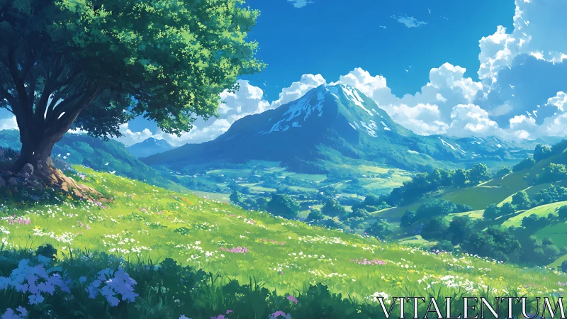 Verdant alpine meadow under towering snowcapped peak.