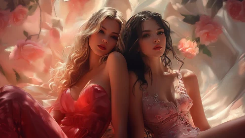 Two women in formal attire posed among floral arrangements.