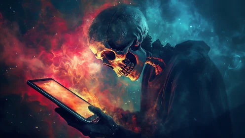 Digital skeleton leans into glowing tablet in swirling smoke