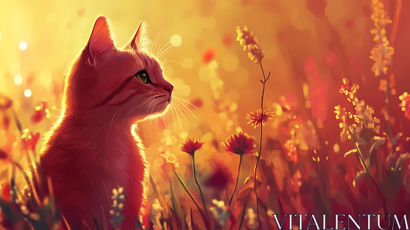 Cat in Golden Wildflower Field at Sunset.