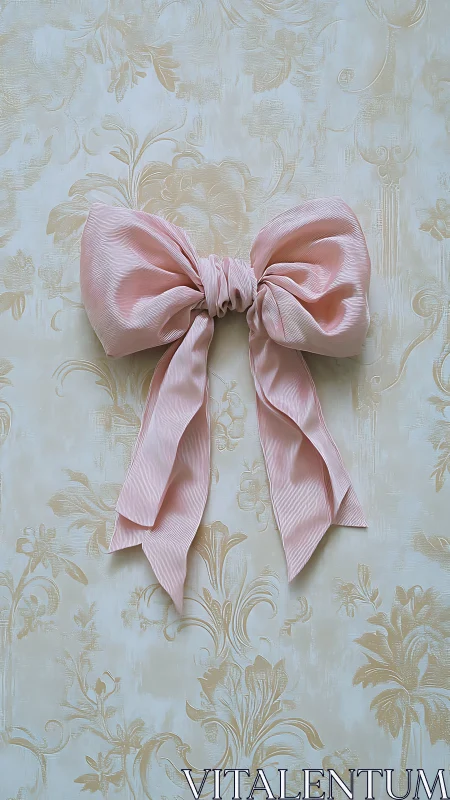 Pastel pink grosgrain bow centered on floral damask wall