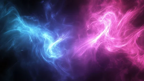 Blue and pink energy streams collide on dark background.