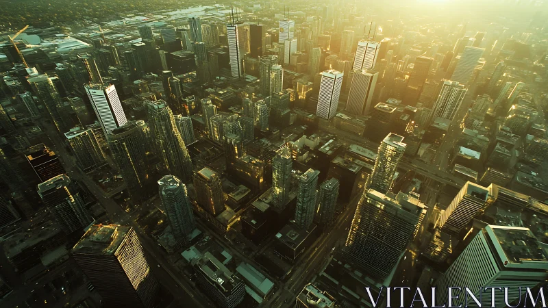 Aerial metropolis skyline bathes in cinematic golden backlight