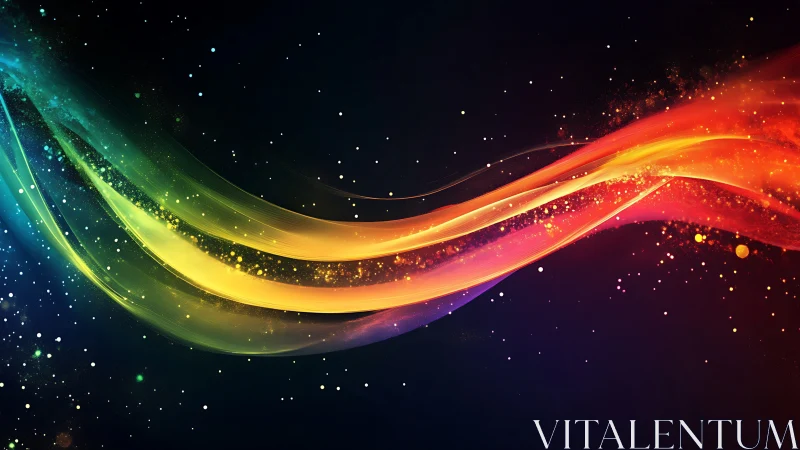 Curved multicolor light trails traverse a dark starfield