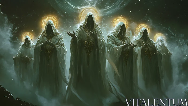 Hooded celestial council stands beneath radiant cosmic halo