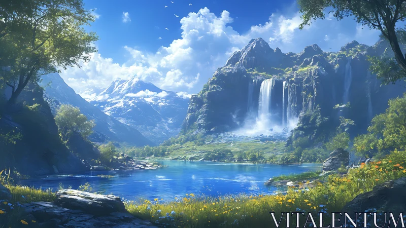 Digital landscape shows lake, waterfalls and distant mountains