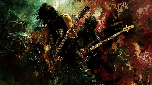 Electric bass guitarists on stage in abstract concert scene.