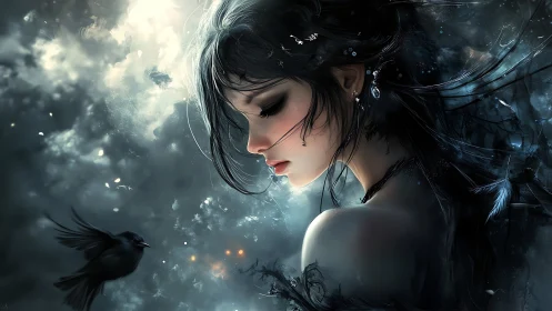 Nocturnal raven muse in luminescent particulate fogscape.