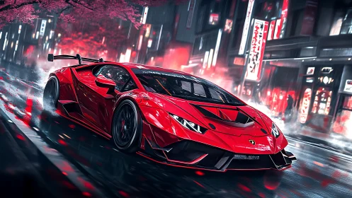 Red hypercar drifting through neon-soaked Tokyo rainstorm.