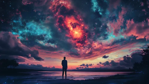 Stargazer beneath a neon nebula sky of waking oceans.
