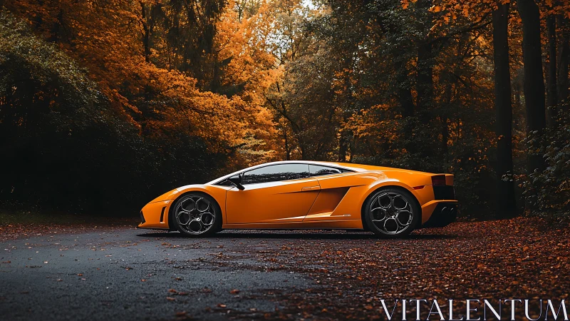 Orange sports car parked on forest road in autumn.