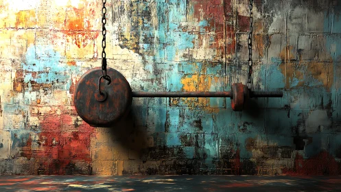 Rusty barbell hangs against a textured, paint-splashed wall