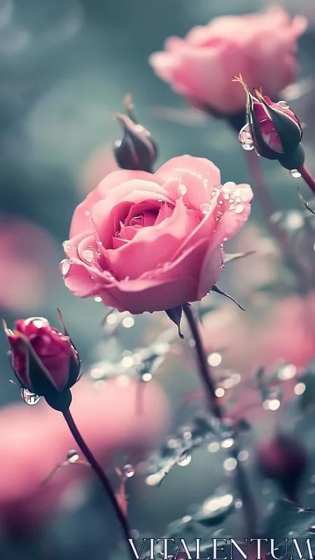 Pink Roses with Water Droplets in Soft Focus Garden Light.