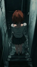 Solitary girl on narrow concrete stairwell, overhead perspective