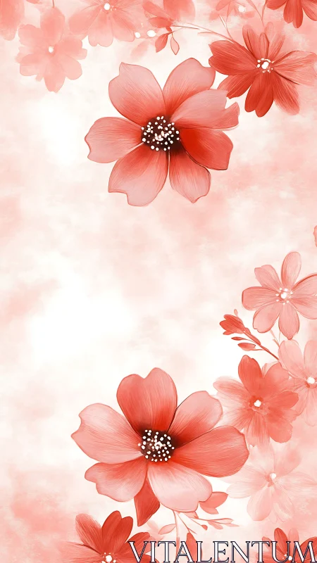 Botanical illustration with red flowers on light background.