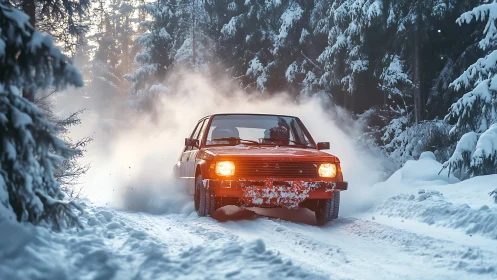 Vintage red sedan accelerates through snowy forest track at dusk