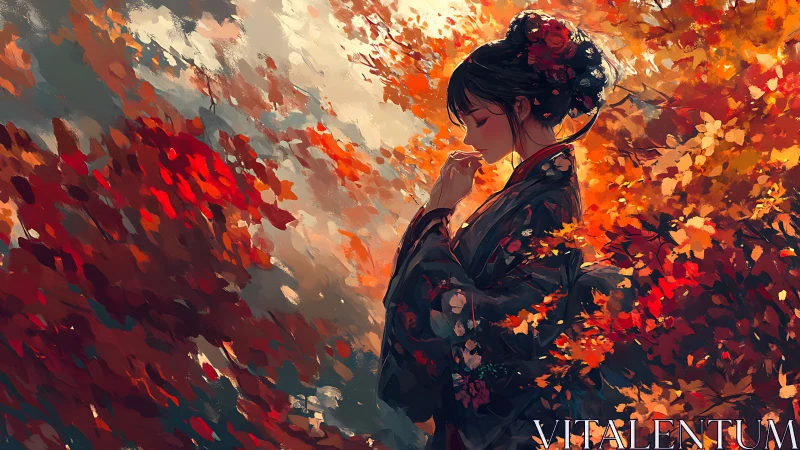 Autumnal kimono portrait amid high-chroma foliage field.