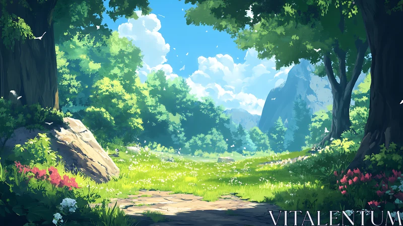 Sunlit Forest Valley Where Wonder Awaits.