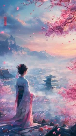 Woman in traditional robe overlooking valley and pagoda at dawn.