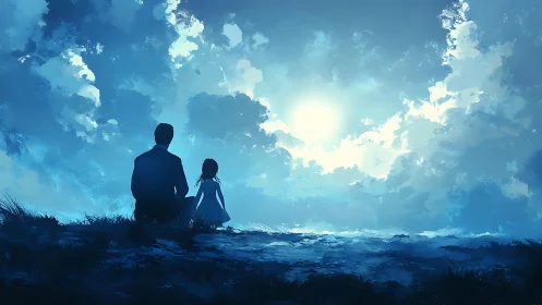 Silhouetted figures contemplating luminous sky with dramatic cloud formations.