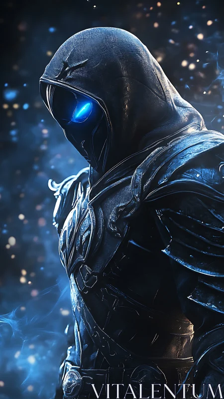 Hooded cyber knight in luminous blue arcane armor portrait.