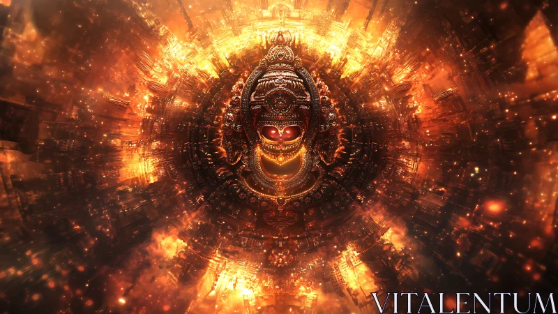 Celestial fire guardian smiling from a swirling techno halo.