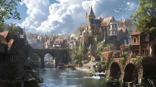 Fantasy riverside cityscape with tiered medieval architecture.