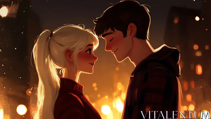 Intimate Urban Encounter: Luminescent Couple in Warm Cityscape.